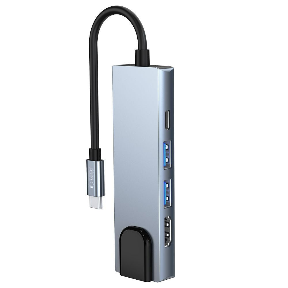 HUB Tech-Protect V3 5in1 USB-C - USB-A 3.0 / USB-A 2.0 / USB-C / HDMI / RJ45 - pilkas -- USB Hubs