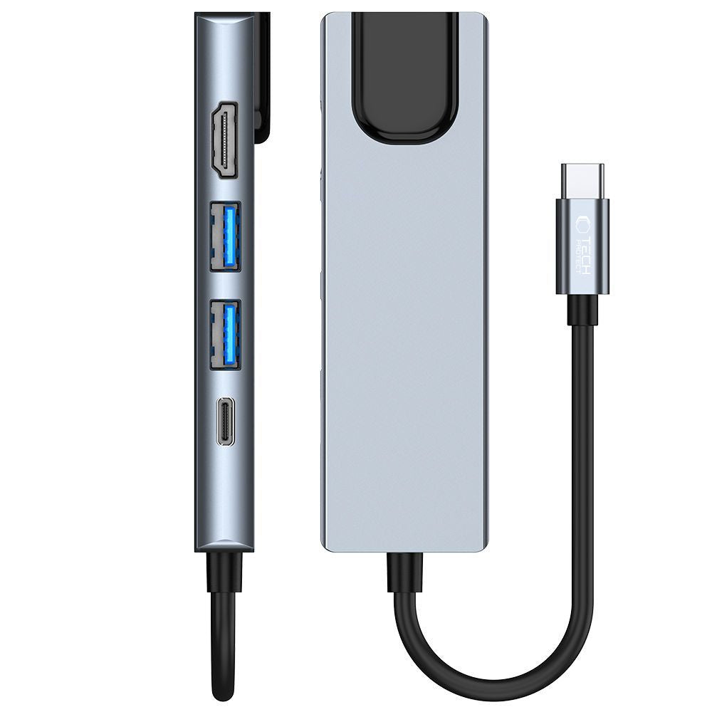 HUB Tech-Protect V3 5in1 USB-C - USB-A 3.0 / USB-A 2.0 / USB-C / HDMI / RJ45 - pilkas -- USB Hubs