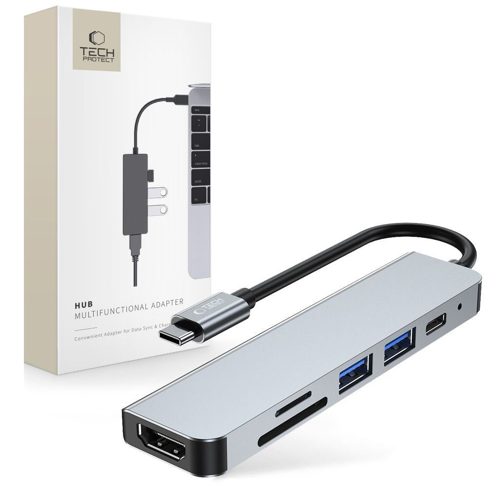 HUB Tech-Protect V4 6in1 USB-C - USB-A 3.0 / USB-A 2.0 / USB-C / HDMI / micro SD / TF / SD kortelių skaitytuvas - pilkas...