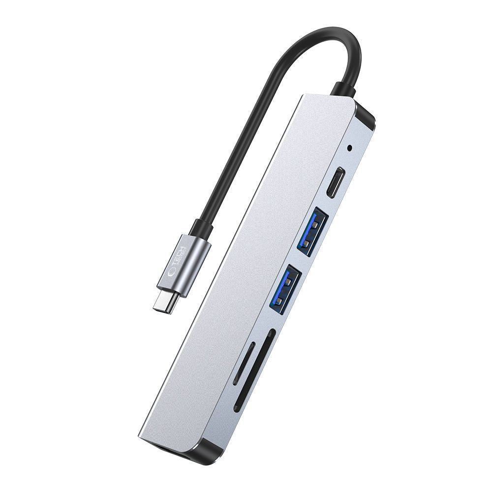 HUB Tech-Protect V4 6in1 USB-C - USB-A 3.0 / USB-A 2.0 / USB-C / HDMI / micro SD / TF / SD kortelių skaitytuvas - pilkas...