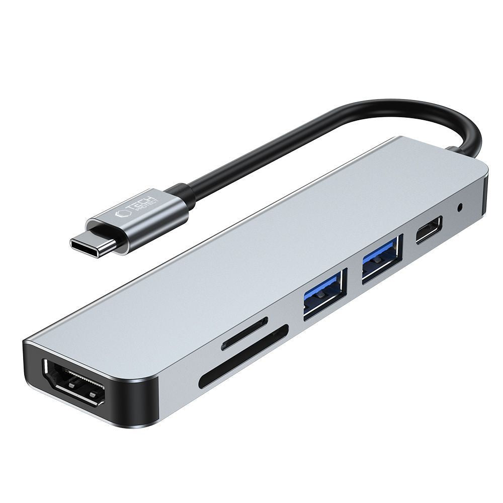 HUB Tech-Protect V4 6in1 USB-C - USB-A 3.0 / USB-A 2.0 / USB-C / HDMI / micro SD / TF / SD kortelių skaitytuvas - pilkas...