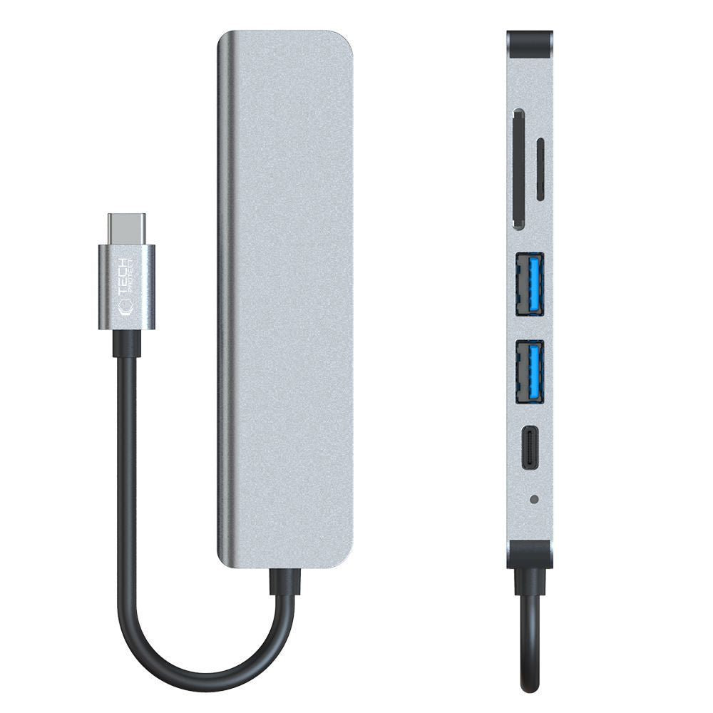 HUB Tech-Protect V4 6in1 USB-C - USB-A 3.0 / USB-A 2.0 / USB-C / HDMI / micro SD / TF / SD kortelių skaitytuvas - pilkas...