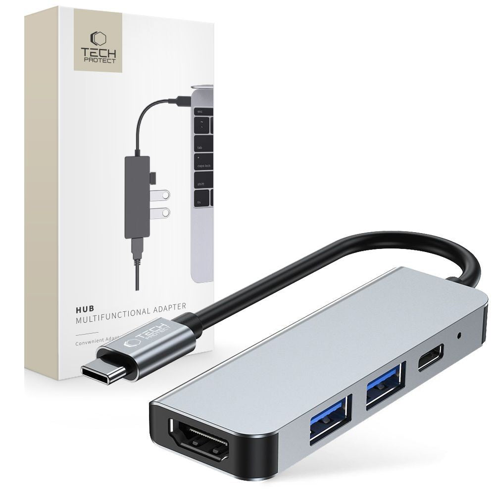 HUB Tech-Protect V2 4in1 USB-C - USB-A 3.0 / USB-A 2.0 / USB-C / HDMI - pilkas -- USB Hubs