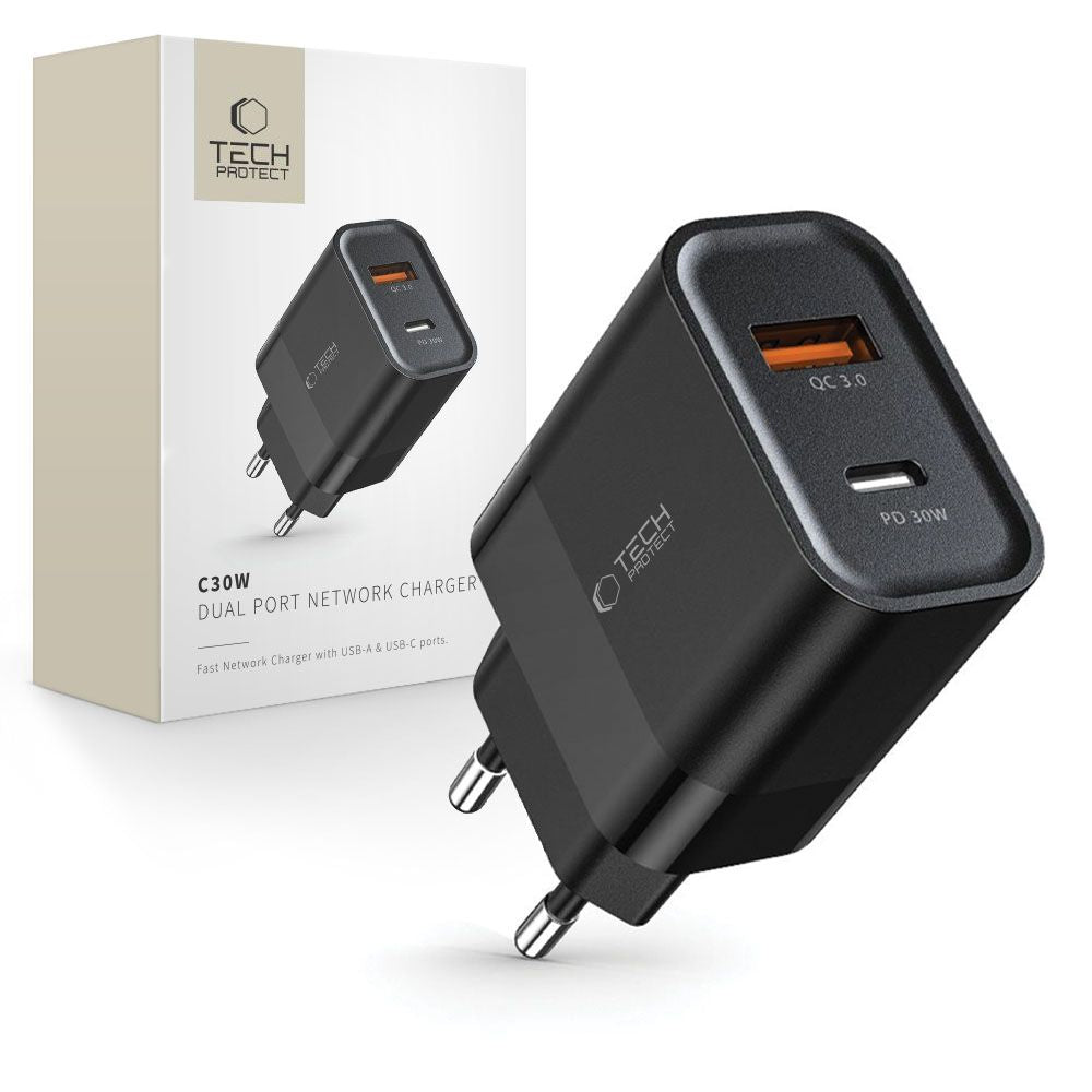 Tech-Protect C30W įkroviklis USB-C PD 30W / USB-A QC 3.0 - juodas -- Cell phone chargers