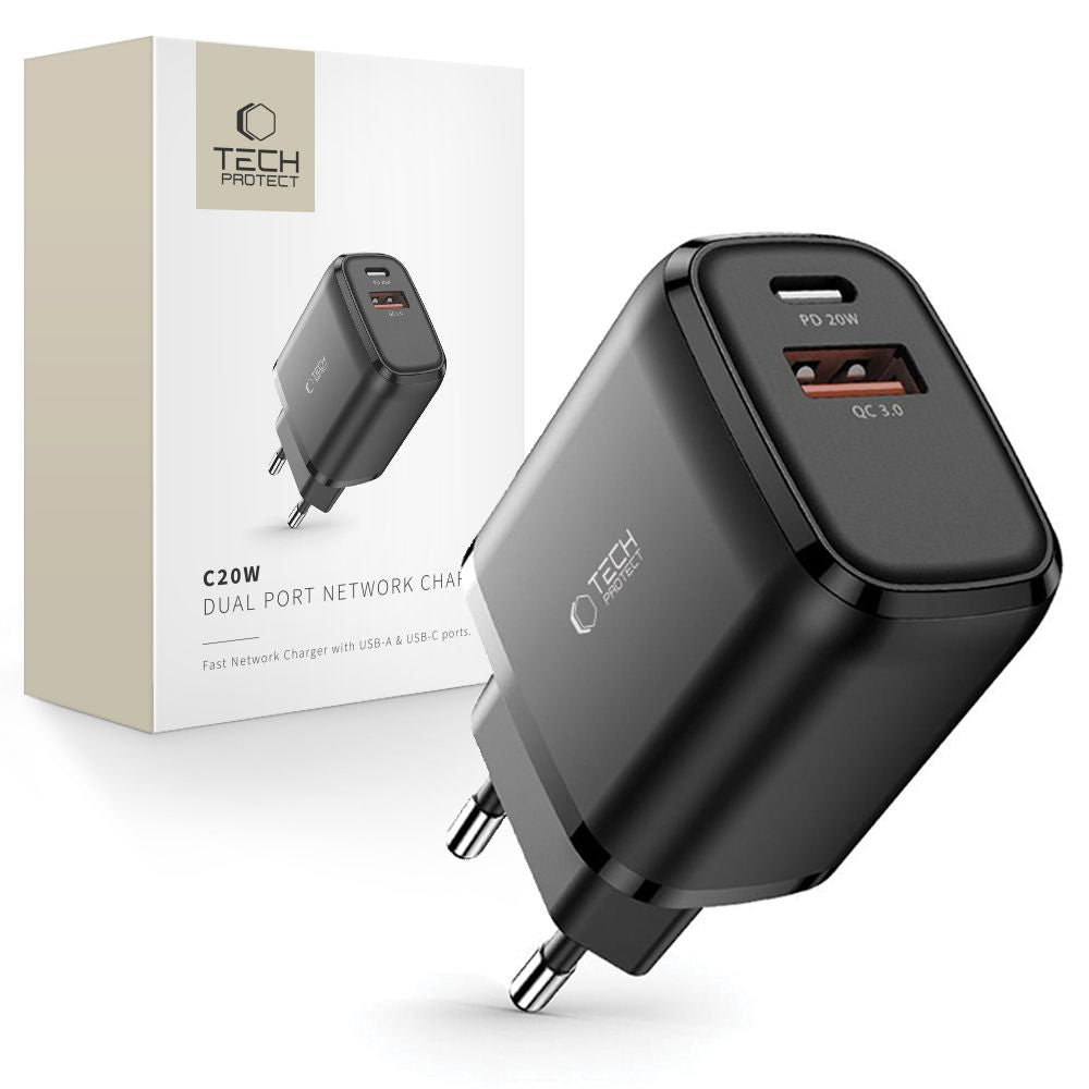 Tech-Protect C20W įkroviklis USB-C PD 20W / USB-A QC 3.0 - juodas -- Cell phone chargers