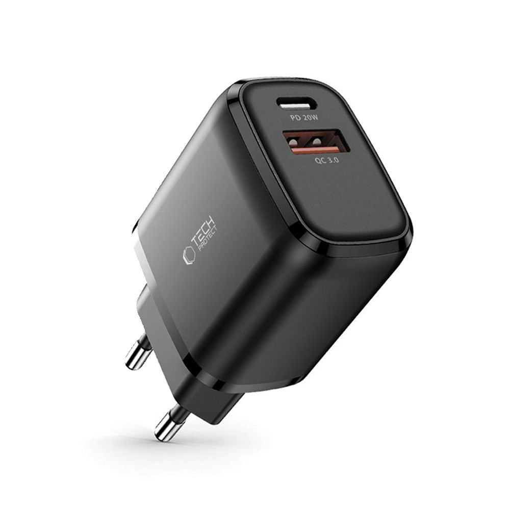 Tech-Protect C20W įkroviklis USB-C PD 20W / USB-A QC 3.0 - juodas -- Cell phone chargers