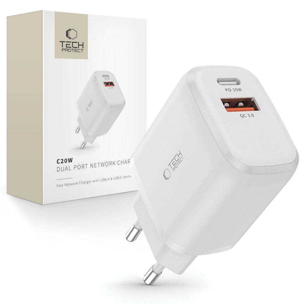 Tech-Protect C20W įkroviklis USB-C PD 20W / USB-A QC 3.0 - baltas -- Cell phone chargers