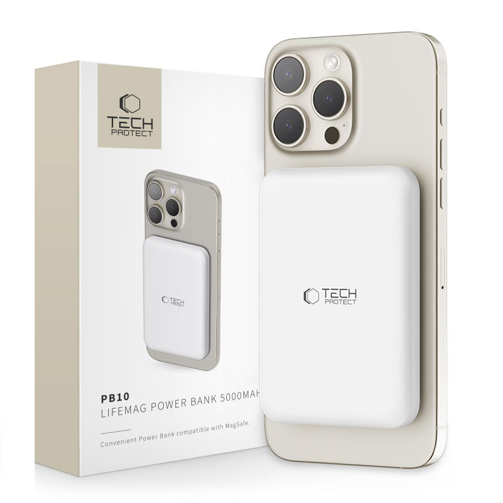 Tech-Protect Išorinė baterija LifeMag PB10 su MagSafe 5000mAh 15W USB-C jungtimi - balta + USB-C laidas -- Powerbanks