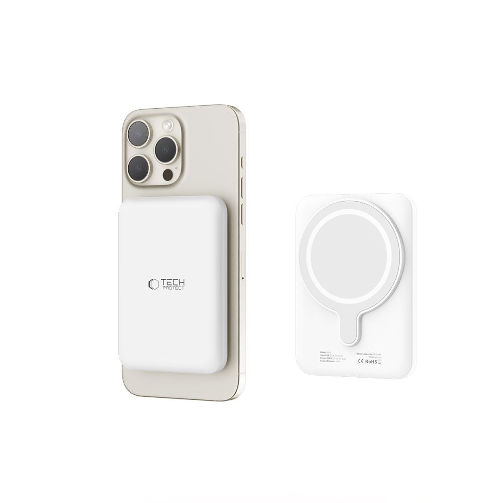 Tech-Protect Išorinė baterija LifeMag PB10 su MagSafe 5000mAh 15W USB-C jungtimi - balta + USB-C laidas -- Powerbanks