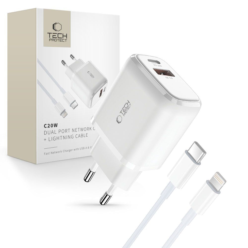 Tech-Protect Įkroviklis C20W USB-C PD 20W / USB-A QC 3.0 su USB-C / Lightning laidu - baltas -- Cell phone chargers