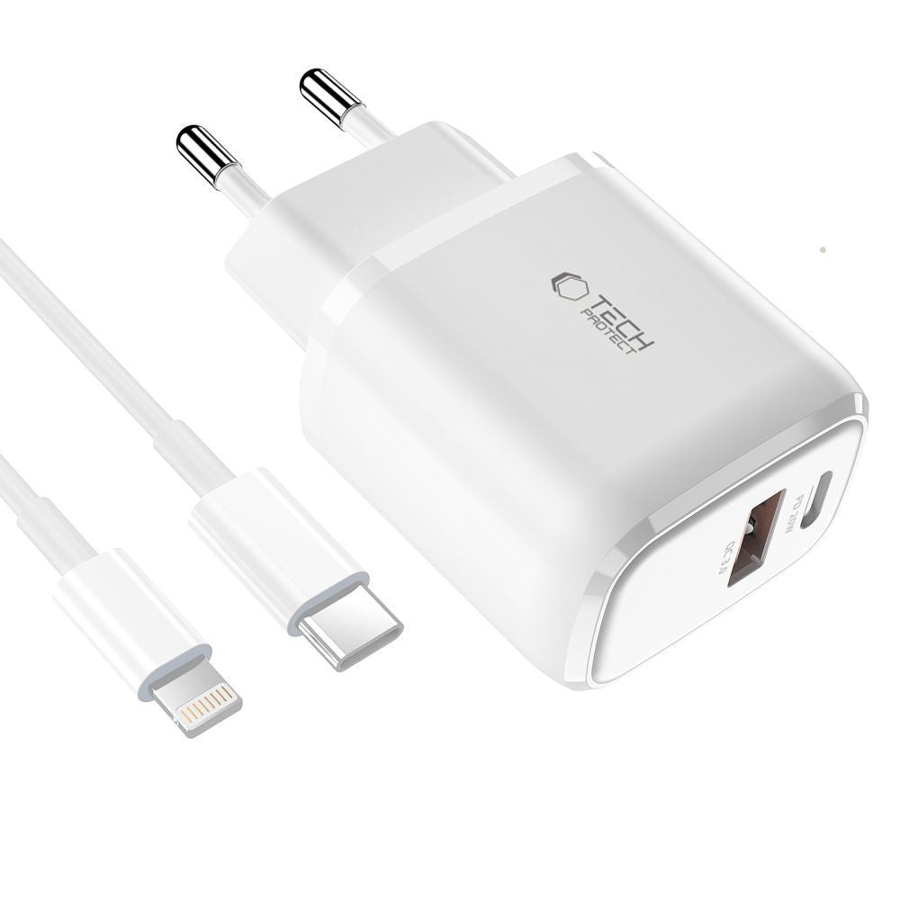 Tech-Protect Įkroviklis C20W USB-C PD 20W / USB-A QC 3.0 su USB-C / Lightning laidu - baltas -- Cell phone chargers