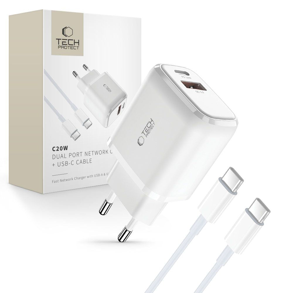 Tech-Protect Įkroviklis C20W USB-C PD 20W / USB-A QC 3.0 su USB-C / USB-C laidu - baltas -- Cell phone chargers