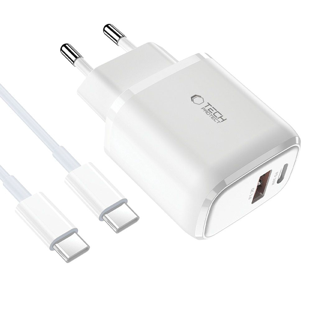 Tech-Protect Įkroviklis C20W USB-C PD 20W / USB-A QC 3.0 su USB-C / USB-C laidu - baltas -- Cell phone chargers