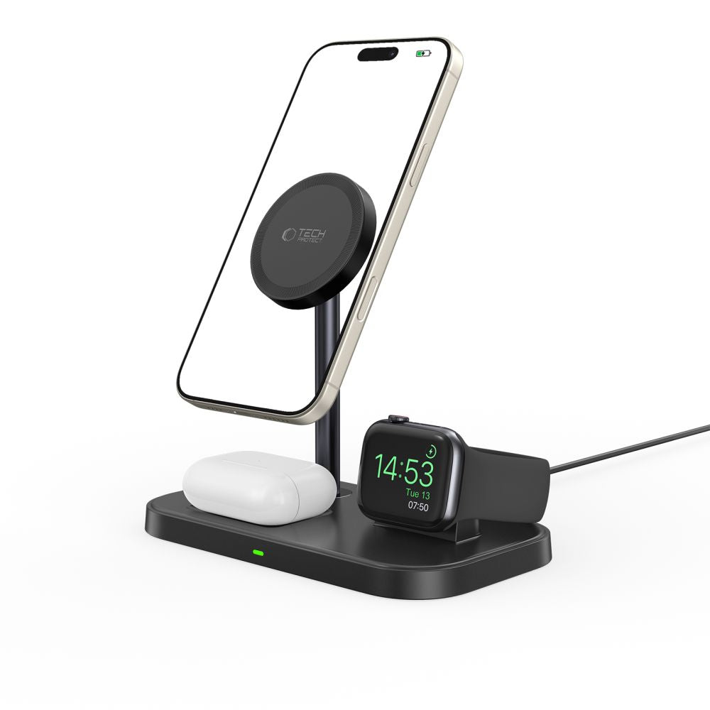 Tech-Protect Indukcinis įkroviklis QI15W-A22 MagSafe su 3in1 MagSafe stovu išmaniajam telefonui / Apple Watch / AirPods -...