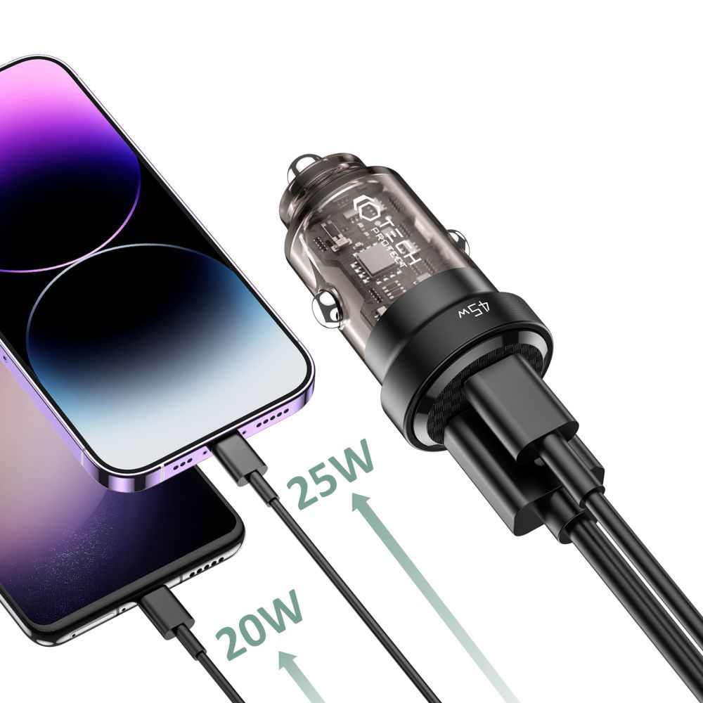 Tech-Protect Automobilinis įkroviklis CC45W USB-C PD 45W / USB-A QC 3.0 - juodas -- Cell phone chargers
