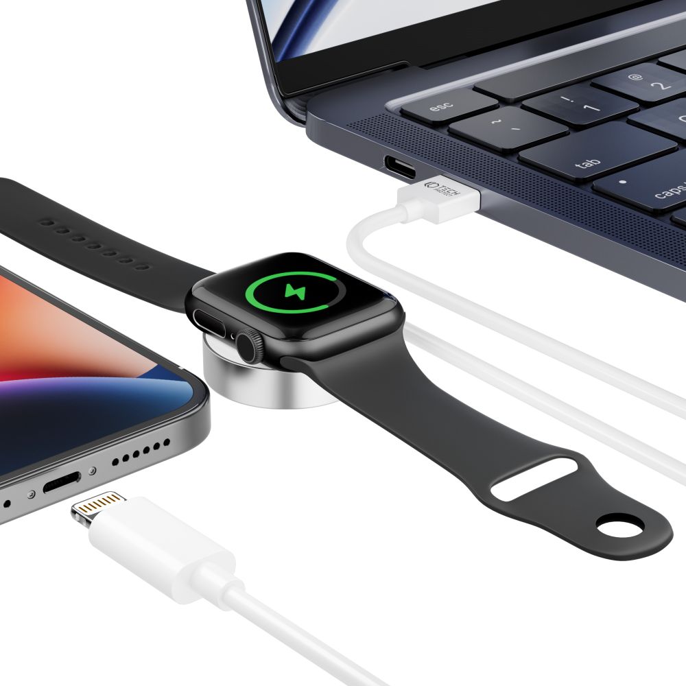Tech-Protect UltraBoost 2in1 magnetinis įkroviklis su USB-C / Lightning laidais, skirtas Apple Watch, 1.5m - baltas --...