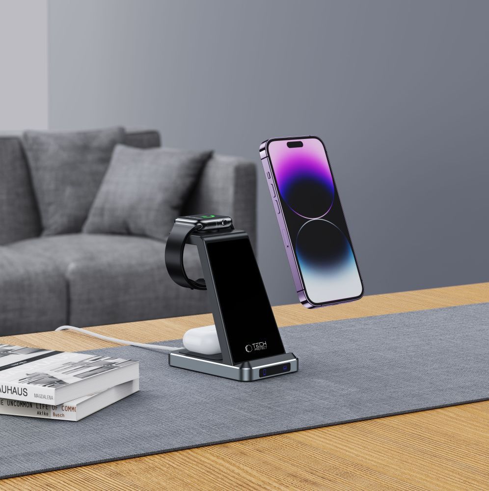 Tech-Protect Indukcinis įkroviklis QI15W-A26 15W 3in1 išmaniajam telefonui / ausinėms / Apple Watch - juodas -- Apple...