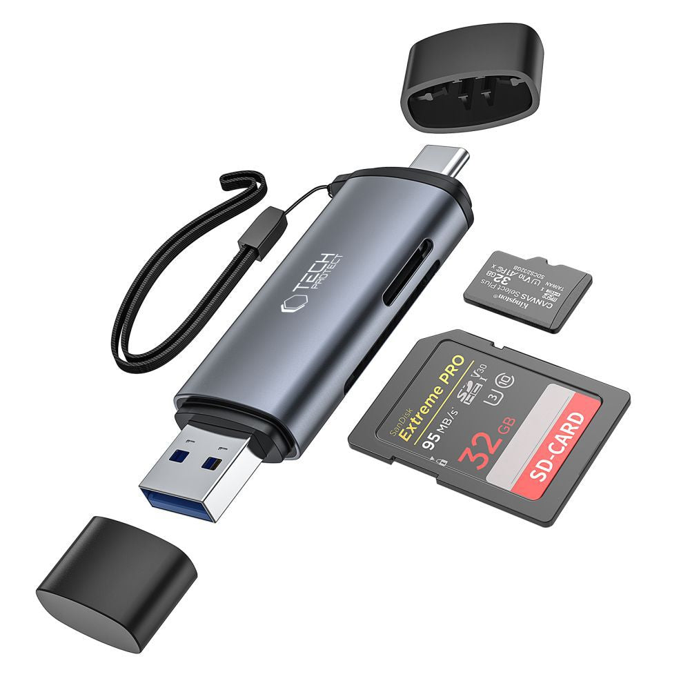 Tech-Protect UltraBoost SD/micro SD kortelės skaitytuvas su USB-C/USB-A jungtimis - pilka -- Memory Card Readers