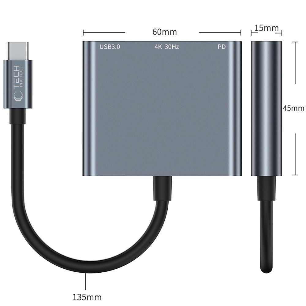 HUB Tech-Protect V1 3in1 USB-C - USB-A 3.0 / USB-C PD 100W / HDMI 4K 30Hz - pilkas -- USB Hubs