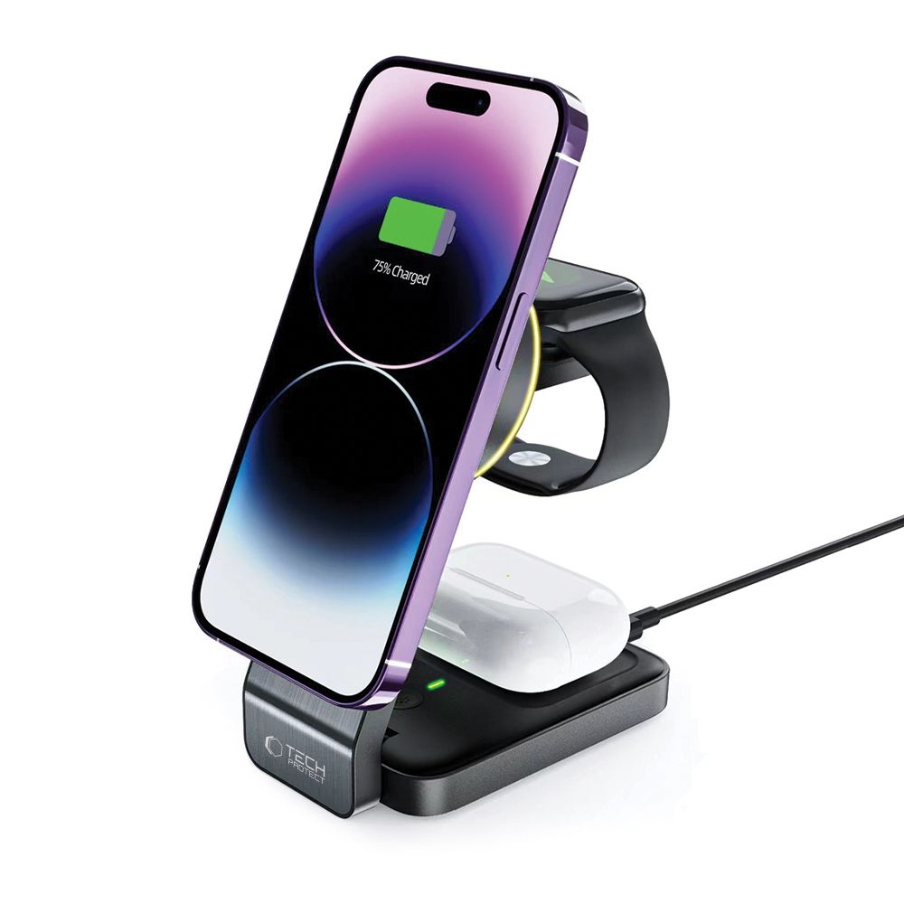 Tech-Protect Indukcinis įkroviklis QI15W-A28 MagSafe 3in1 su stovu išmaniajam telefonui / Apple Watch / AirPods - juodas...