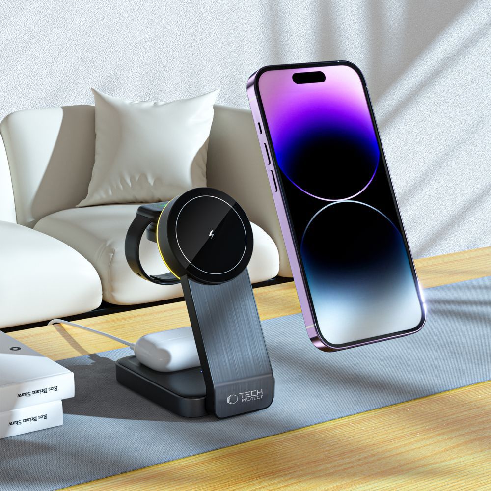 Tech-Protect Indukcinis įkroviklis QI15W-A28 MagSafe 3in1 su stovu išmaniajam telefonui / Apple Watch / AirPods - juodas...