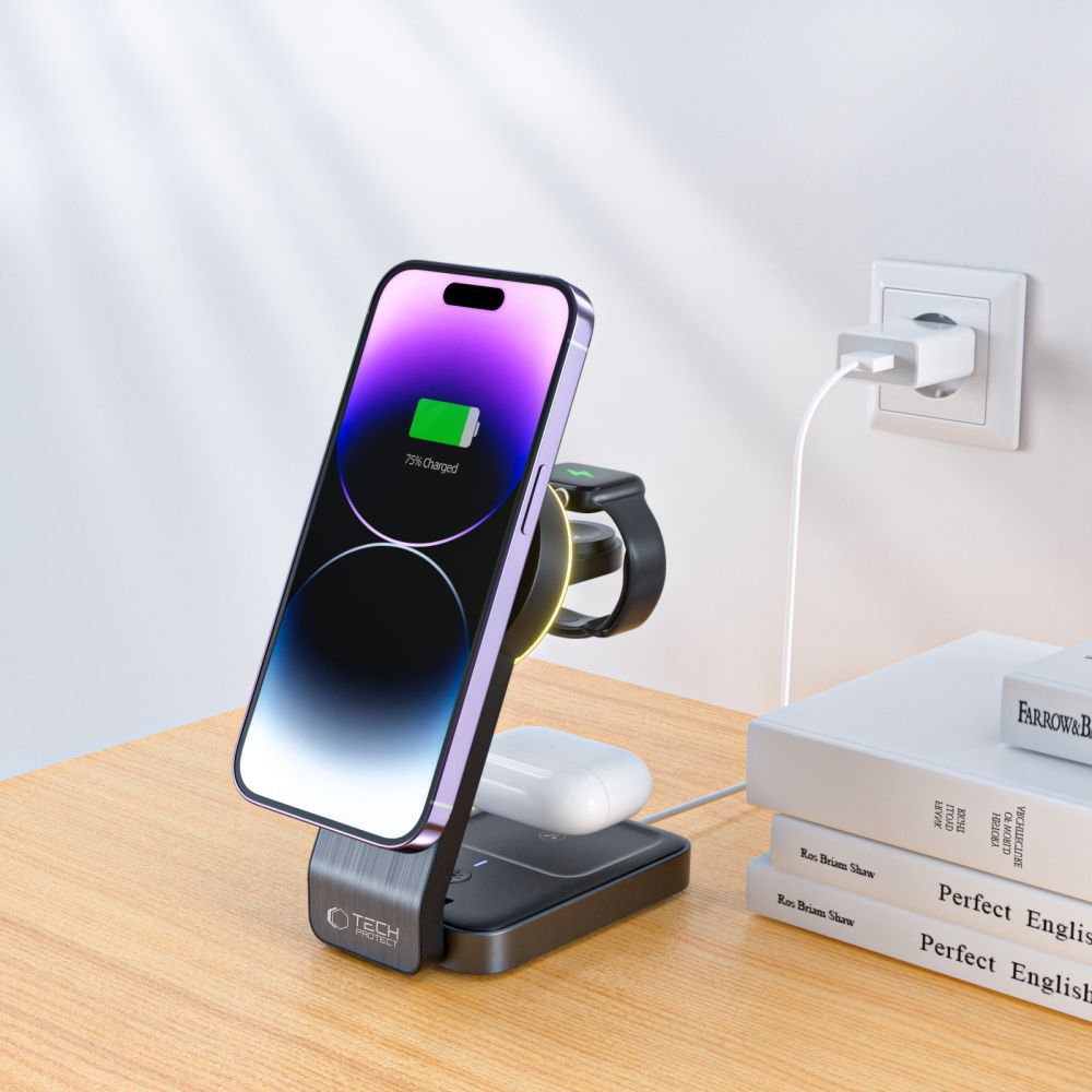 Tech-Protect Indukcinis įkroviklis QI15W-A28 MagSafe 3in1 su stovu išmaniajam telefonui / Apple Watch / AirPods - juodas...
