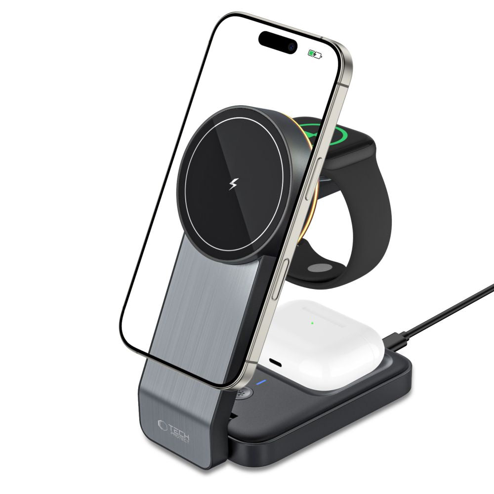 Tech-Protect Indukcinis įkroviklis QI15W-A28 MagSafe 3in1 su stovu išmaniajam telefonui / Apple Watch / AirPods - juodas...