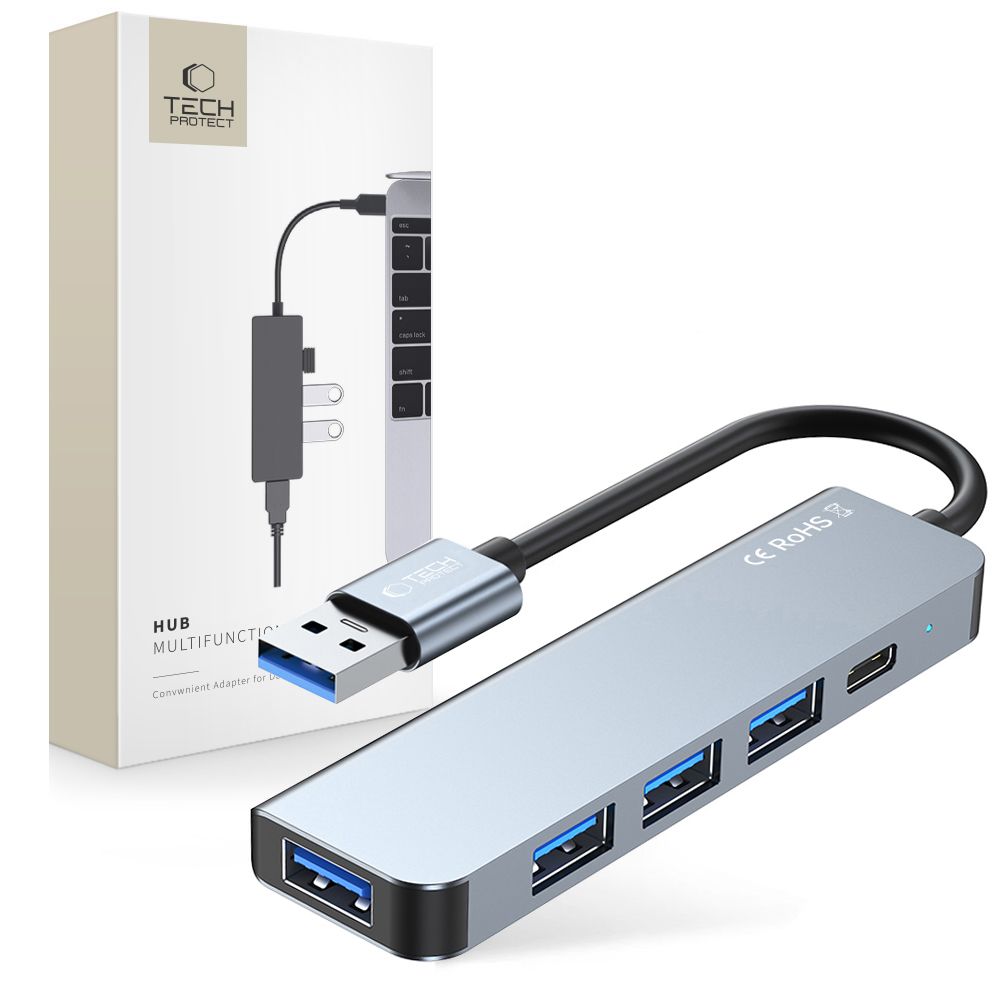 HUB Tech-Protect V0 5in1 USB-A - USB-A 3.0 / 3x USB-A 2.0 / USB-C - pilkas -- USB Hubs