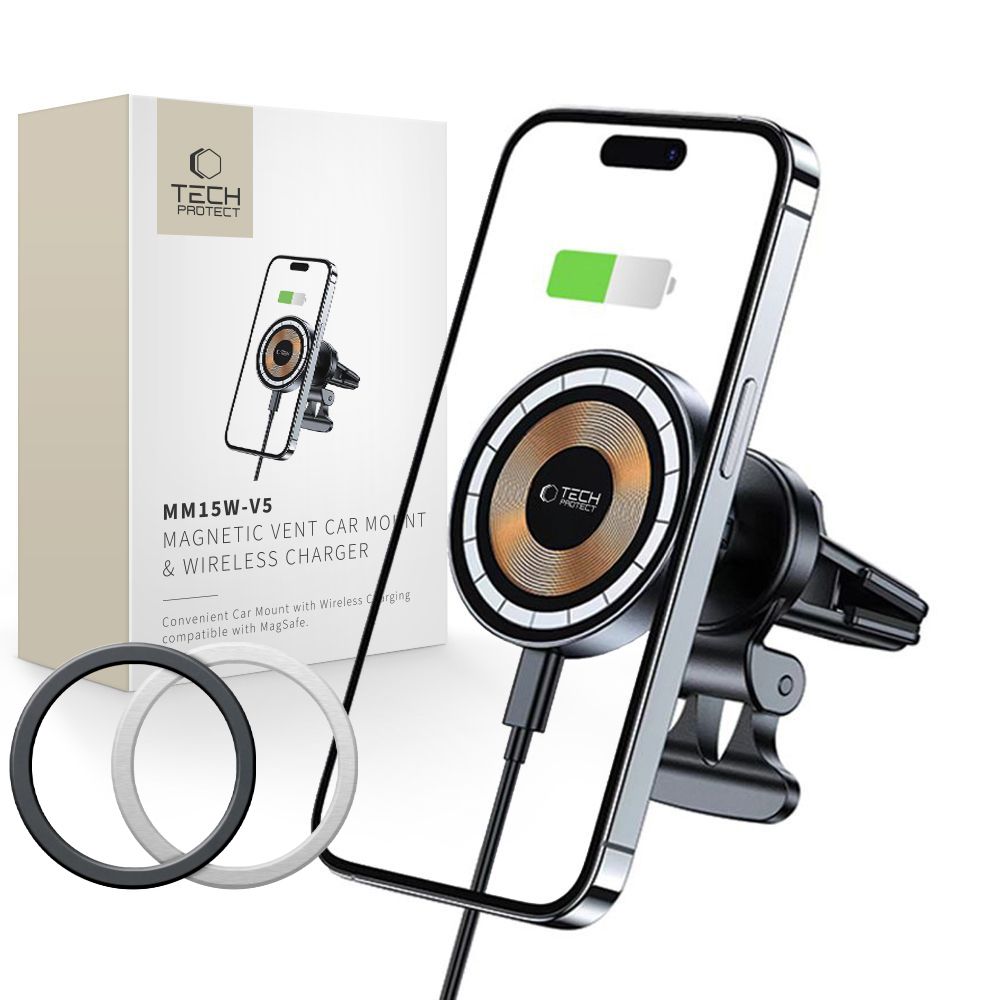 Tech-Protect Automobilinis telefono laikiklis MM15W-V5 su MagSafe 15W indukciniu įkrovikliu oro angai - juodas -- Cell...