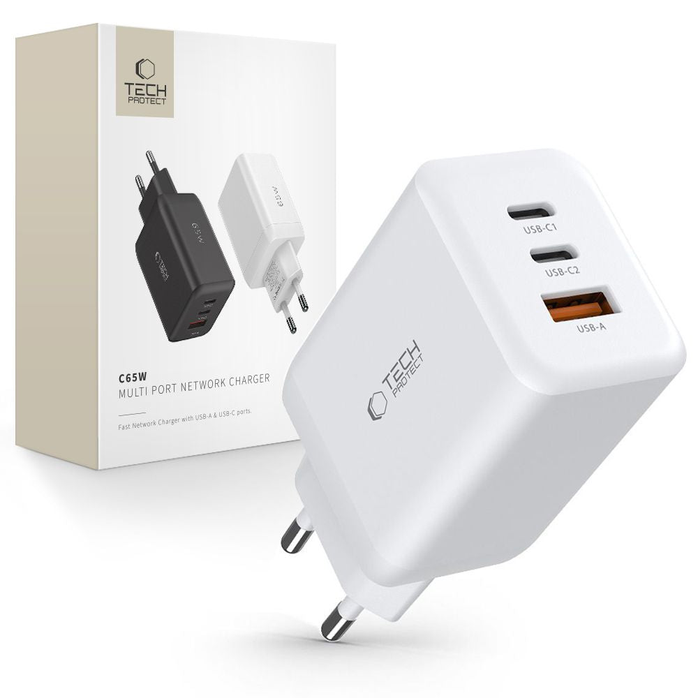 Tech-Protect C65W įkroviklis 2x USB-C PD 65W / USB-A QC 3.0 - baltas -- Cell phone chargers