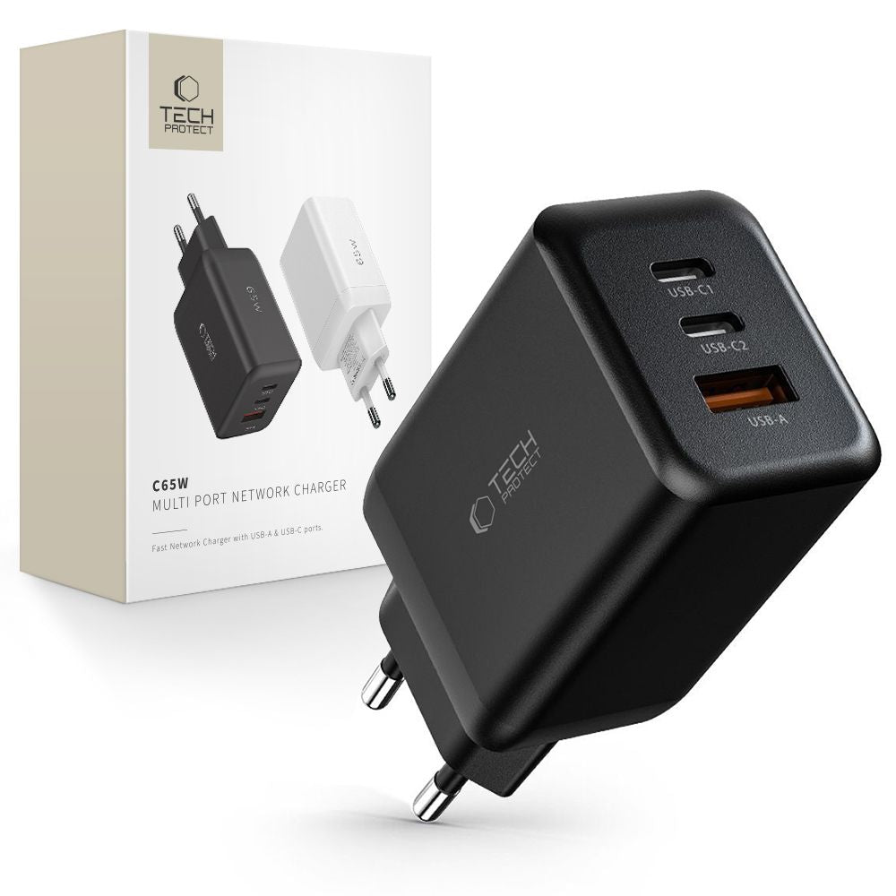 Tech-Protect C65W įkroviklis 2x USB-C PD 65W / USB-A QC 3.0 - juodas -- Cell phone chargers
