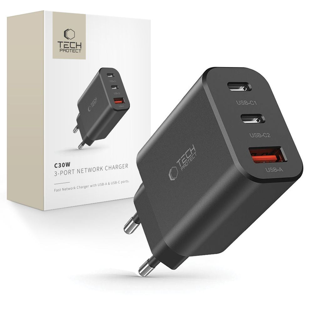 Tech-Protect NC30W įkroviklis 2x USB-C PD 30W / USB-A QC 3.0 - juodas -- Cell phone chargers