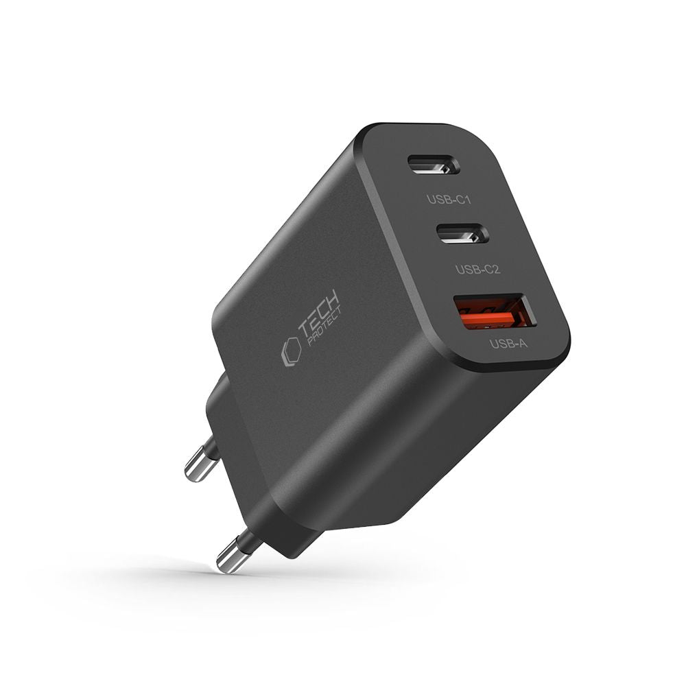 Tech-Protect NC30W įkroviklis 2x USB-C PD 30W / USB-A QC 3.0 - juodas -- Cell phone chargers