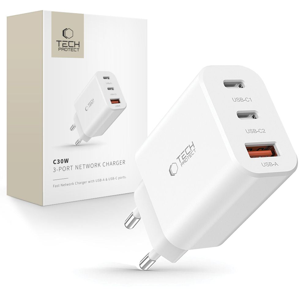 Tech-Protect NC30W įkroviklis 2x USB-C PD 30W / USB-A QC 3.0 - baltas -- Cell phone chargers