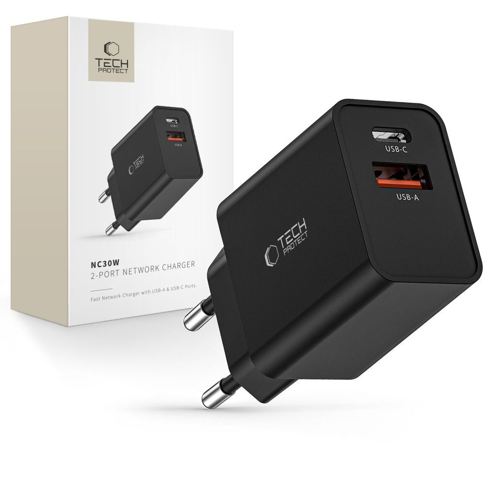 Tech-Protect NC30W įkroviklis USB-C PD 30W / USB-A QC 3.0 - juodas -- Cell phone chargers