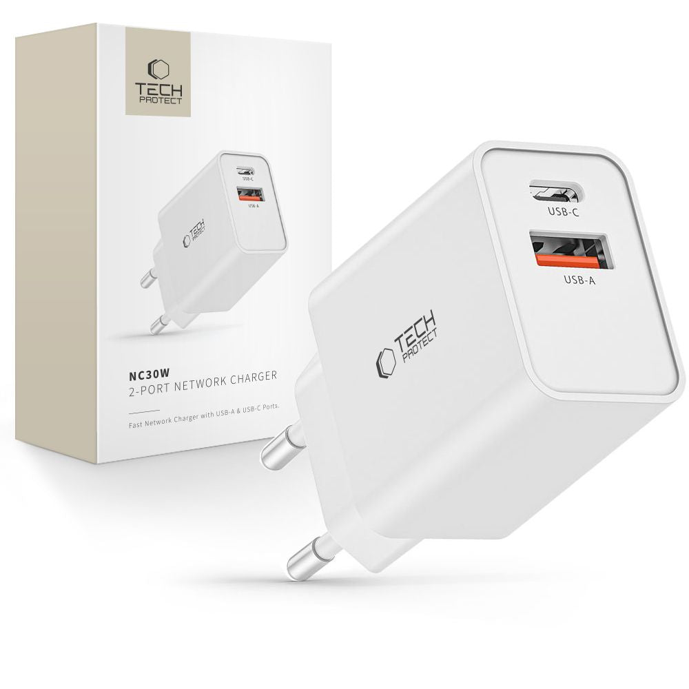 Tech-Protect NC30W USB-C PD 30W / USB-A QC 3.0 įkroviklis - baltas -- Cell phone chargers