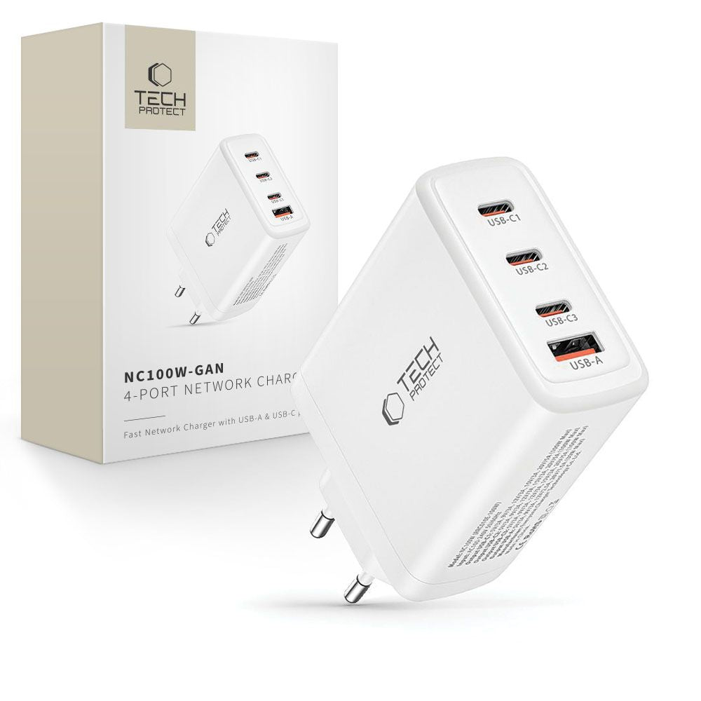 Tech-Protect NC100W-GAN įkroviklis GaN 3x USB-C PD 100W / USB-A QC 3.0 - baltas -- Cell phone chargers