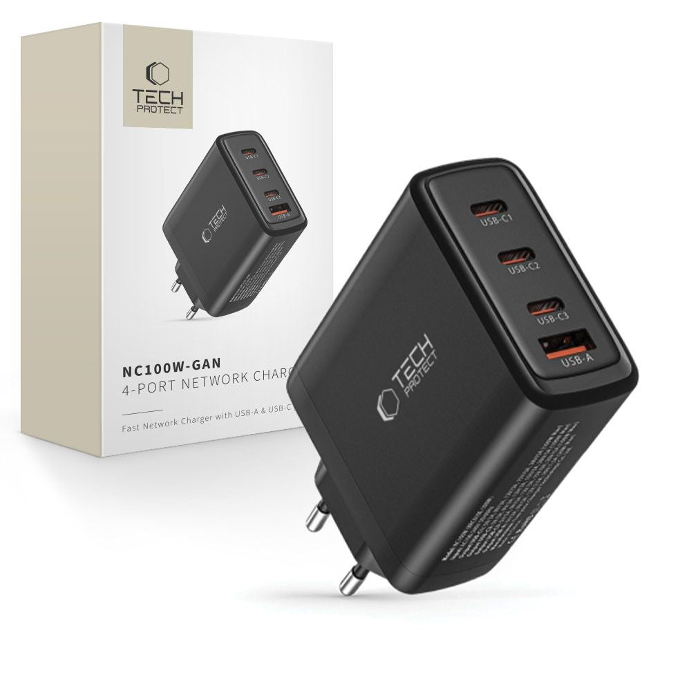 Tech-Protect NC100W-GAN tinklo įkroviklis GaN 3x USB-C PD 100W / USB-A QC 3.0 - juodas -- Cell phone chargers