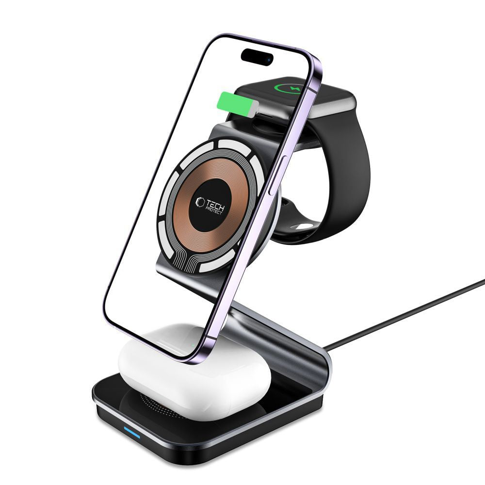 Tech-Protect QI15W-A29 3-in-1 indukcinis įkroviklis su MagSafe išmaniajam telefonui / Apple Watch / AirPods - juodas --...