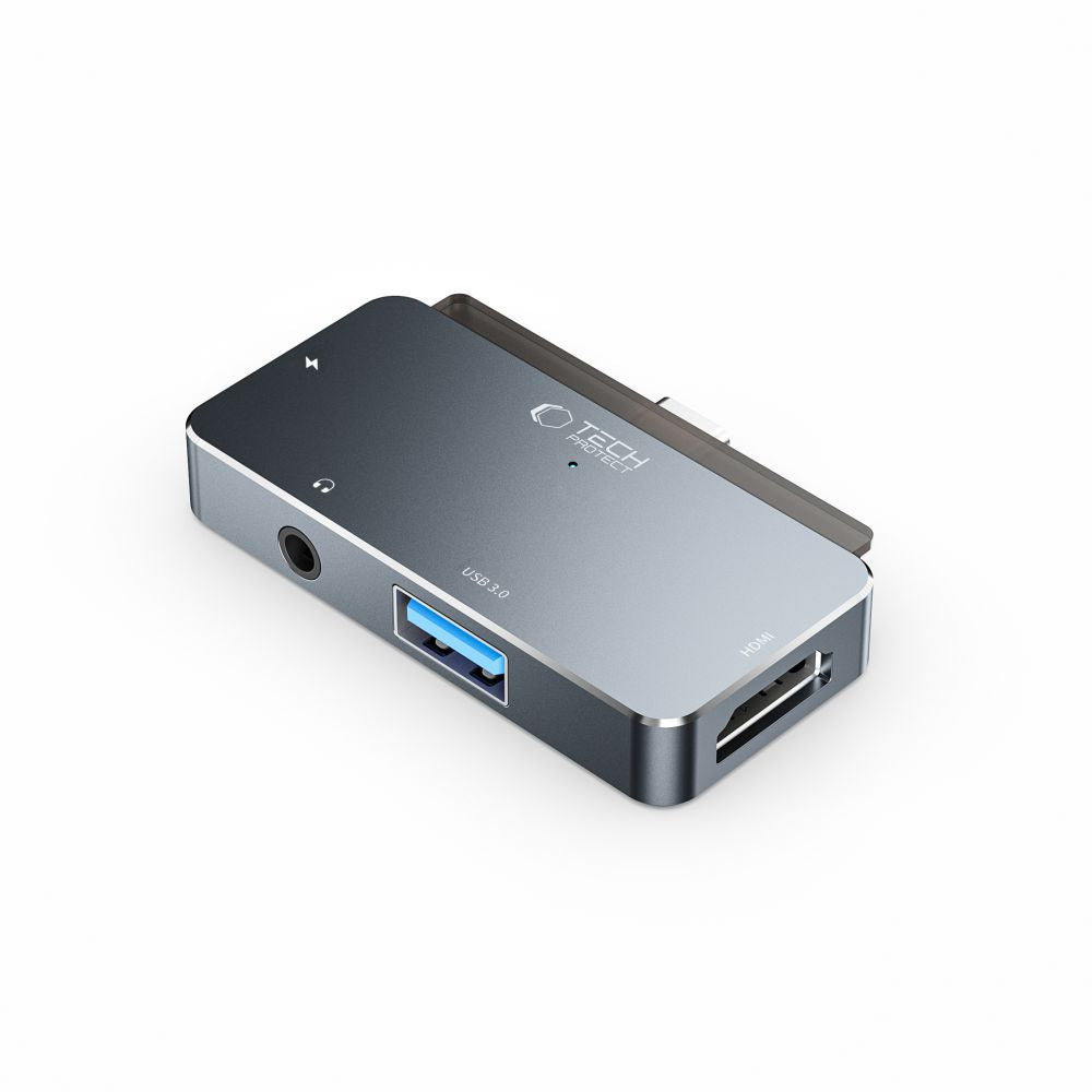 HUB Tech-Protect V6 4in1 USB-C - USB-A 3.0 / USB-C PD100W / HDMI / mini jack 3.5mm - pilkas -- USB Hubs
