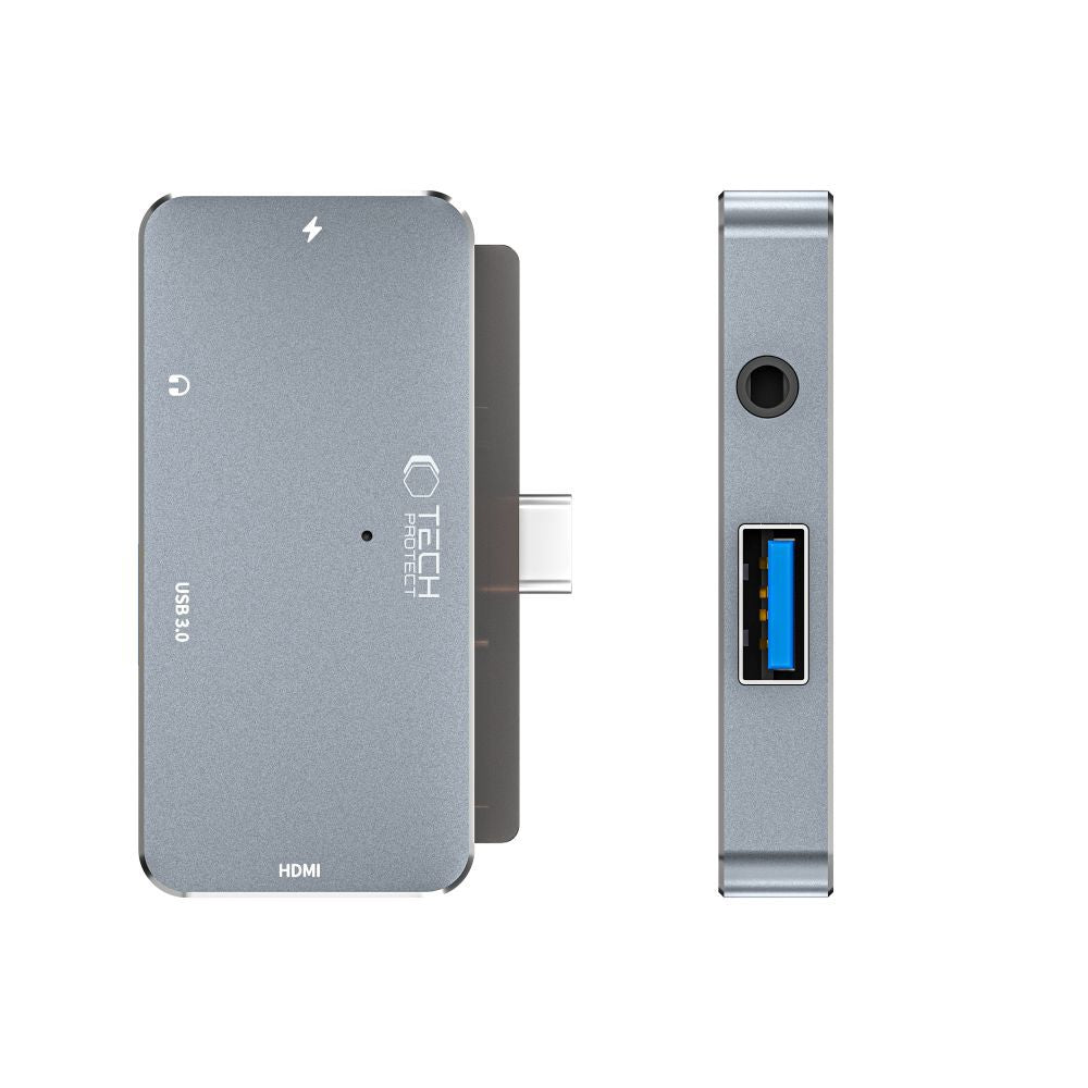 HUB Tech-Protect V6 4in1 USB-C - USB-A 3.0 / USB-C PD100W / HDMI / mini jack 3.5mm - pilkas -- USB Hubs
