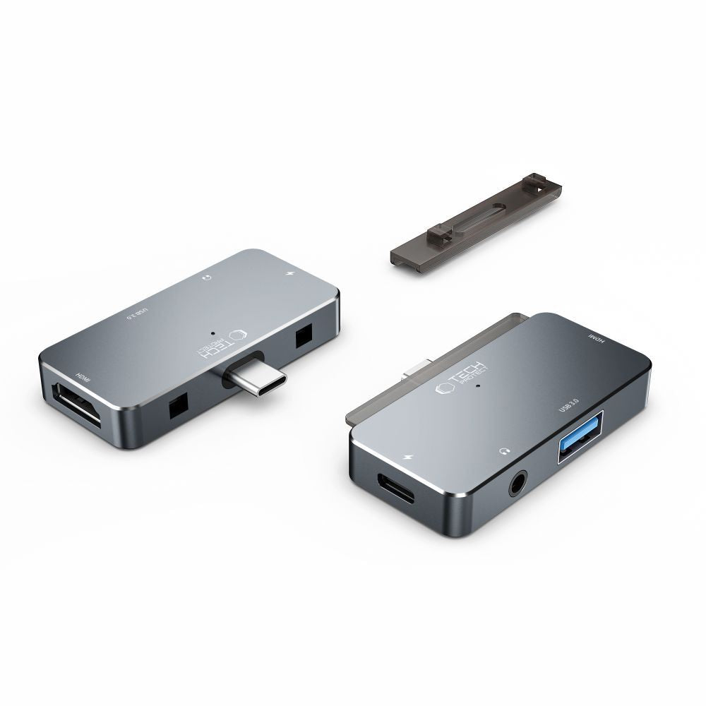 HUB Tech-Protect V6 4in1 USB-C - USB-A 3.0 / USB-C PD100W / HDMI / mini jack 3.5mm - pilkas -- USB Hubs