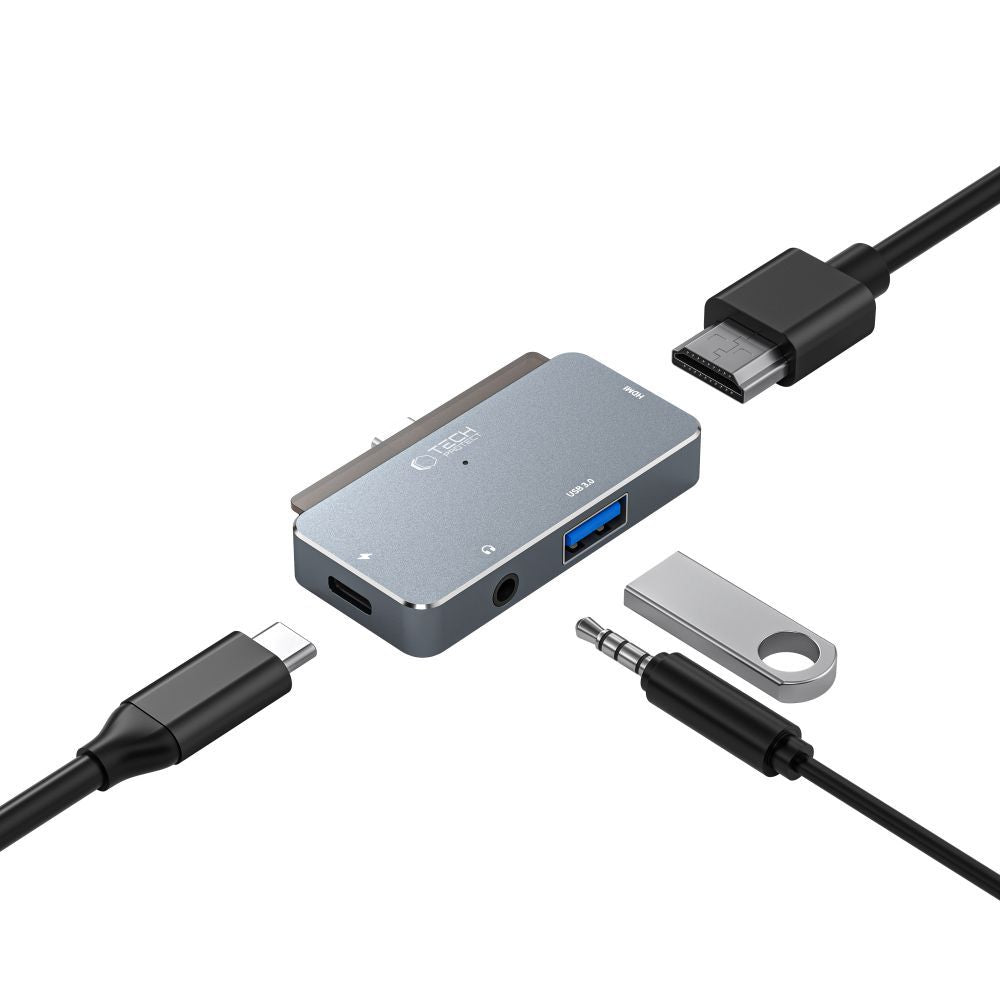 HUB Tech-Protect V6 4in1 USB-C - USB-A 3.0 / USB-C PD100W / HDMI / mini jack 3.5mm - pilkas -- USB Hubs
