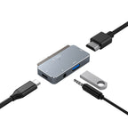 HUB Tech-Protect V6 4in1 USB-C - USB-A 3.0 / USB-C PD100W / HDMI / mini jack 3.5mm - pilkas -- USB Hubs
