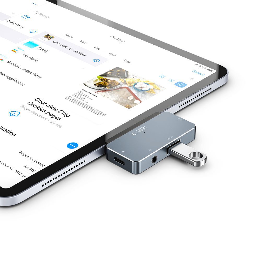 HUB Tech-Protect V6 4in1 USB-C - USB-A 3.0 / USB-C PD100W / HDMI / mini jack 3.5mm - pilkas -- USB Hubs