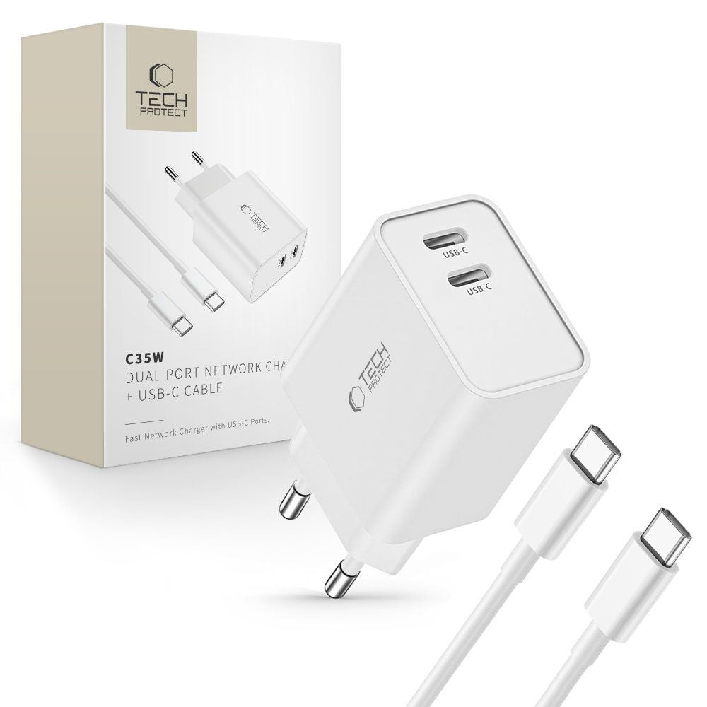 Tech-Protect C35W įkroviklis 2x USB-C PD 35W su USB-C / USB-C laidu - baltas -- Cell phone chargers