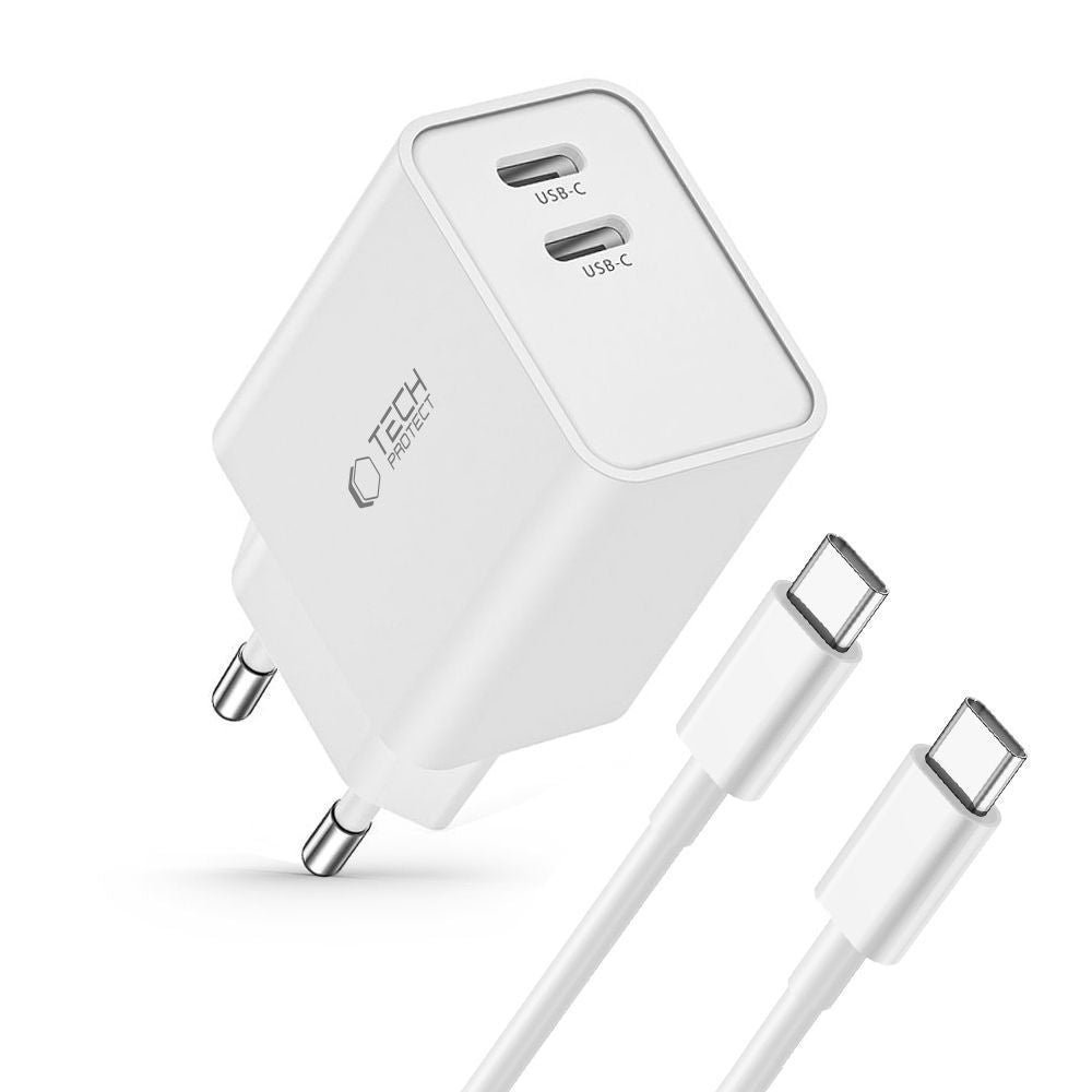 Tech-Protect C35W įkroviklis 2x USB-C PD 35W su USB-C / USB-C laidu - baltas -- Cell phone chargers