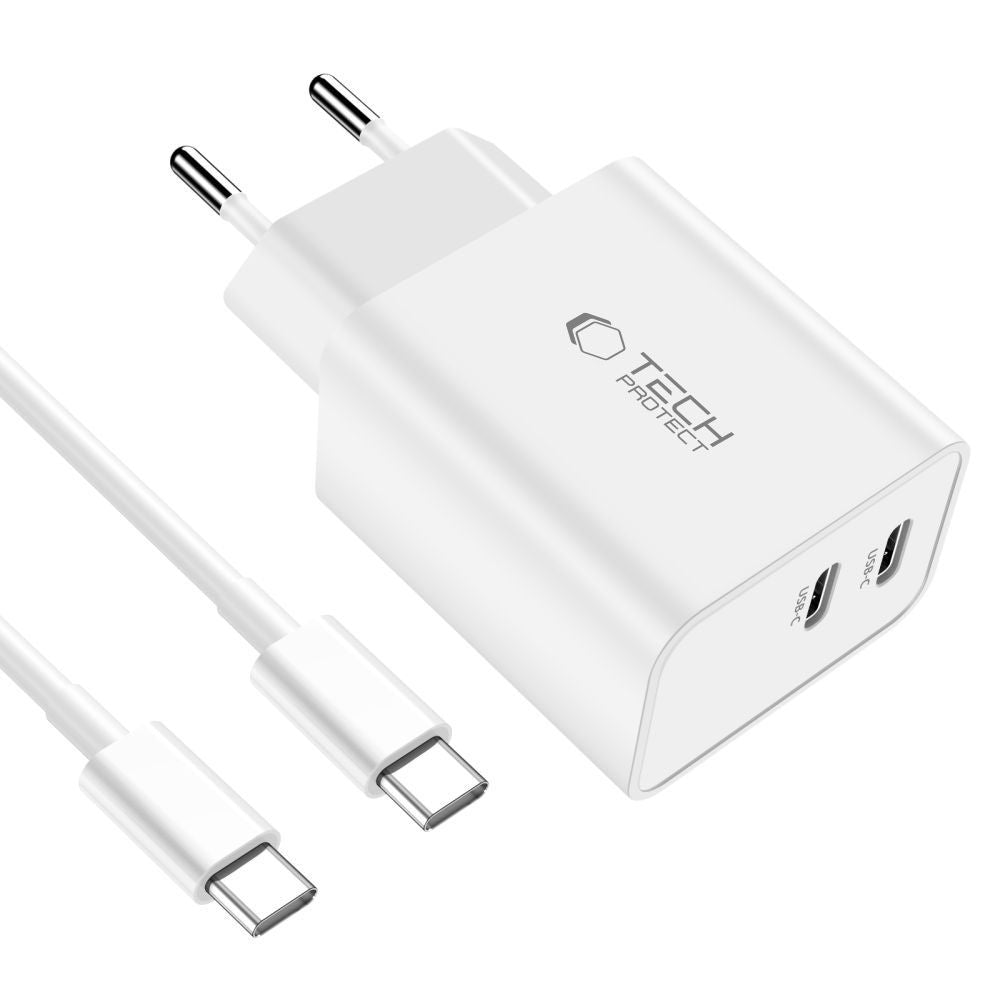 Tech-Protect C35W įkroviklis 2x USB-C PD 35W su USB-C / USB-C laidu - baltas -- Cell phone chargers