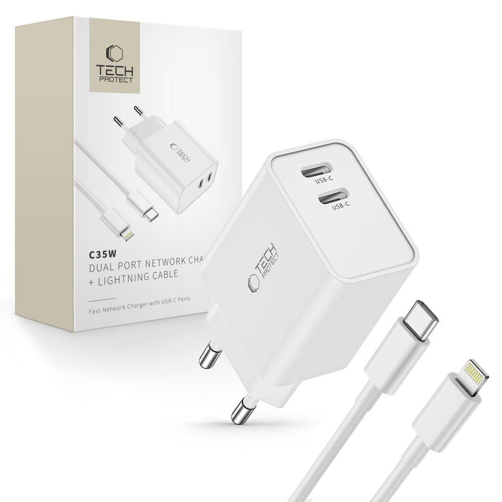 Tech-Protect C35W sieninis įkroviklis 2x USB-C PD 35W su USB-C / Lightning laidu - baltas -- Cell phone chargers