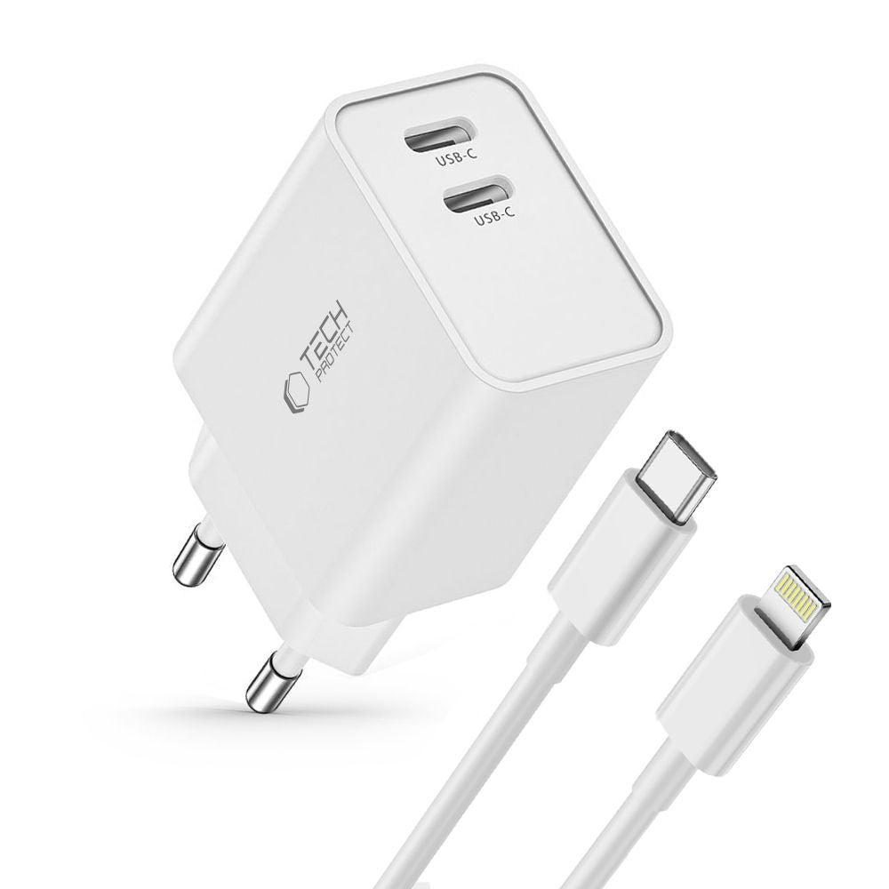 Tech-Protect C35W sieninis įkroviklis 2x USB-C PD 35W su USB-C / Lightning laidu - baltas -- Cell phone chargers